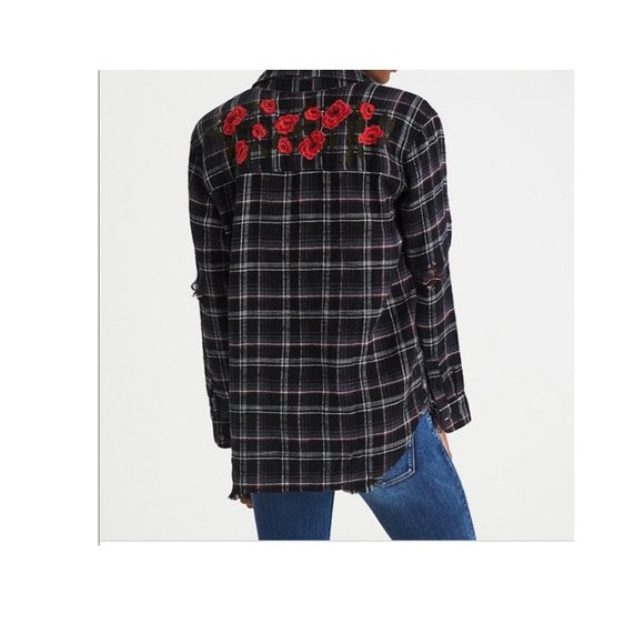 American Eagle Distressed Black Oversized Flannel with Flowers - Picture 1 of 6